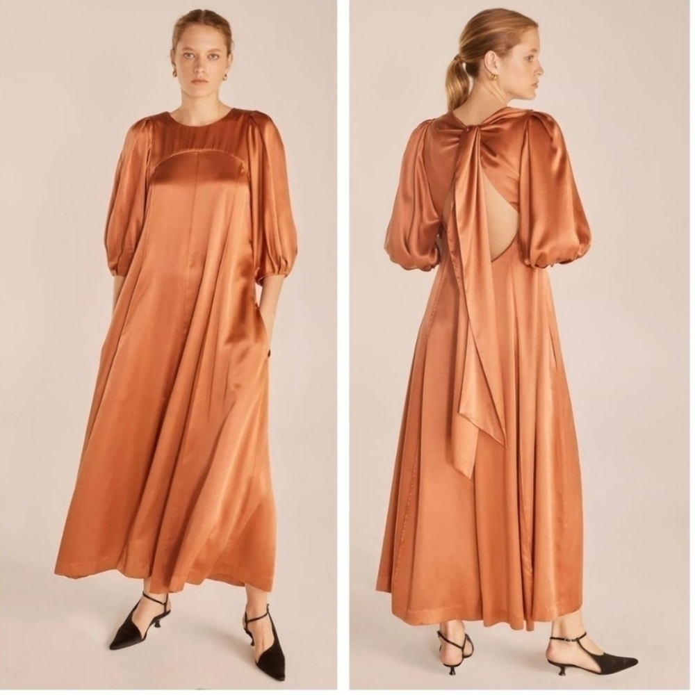 New Rebecca Taylor Open Back Satin Auburn Midi Dress NWT XS